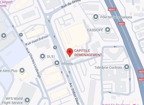 Carte montrant l'emplacement de Capitole Déménagement près d'Infosys, Cassiopé, Teledyne Controls, et des rues Jean Dufour et Charles Lindbergh, Toulouse.